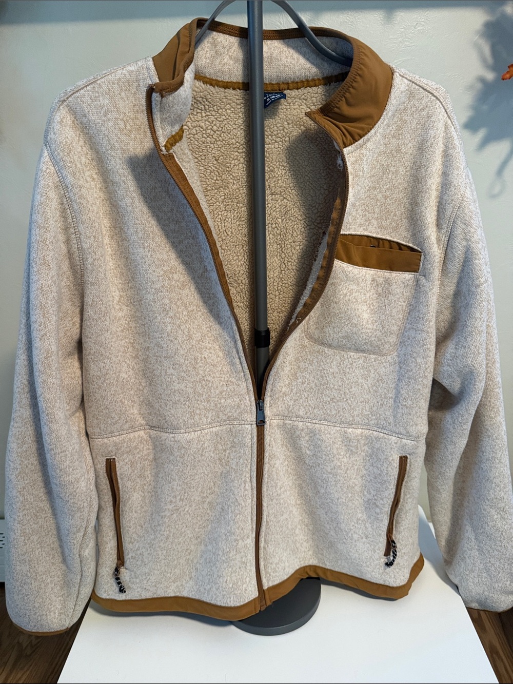 Men's Neutral Beige Sherpa Lined Jacket with Brown Trim